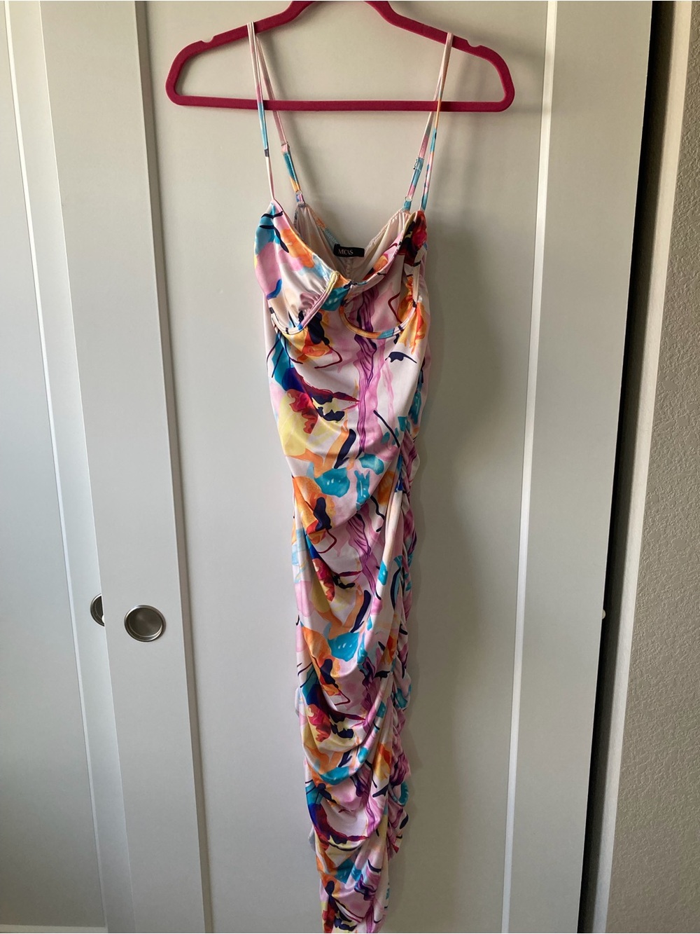 Abstract Floral Ruched Midi Slip Dress in Pink and Multicolor